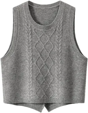 100% Cashmere Women's Solid Knitted Sweater Vest Short Sleeveless Pullover Sweater Slit Back (Gray S)
