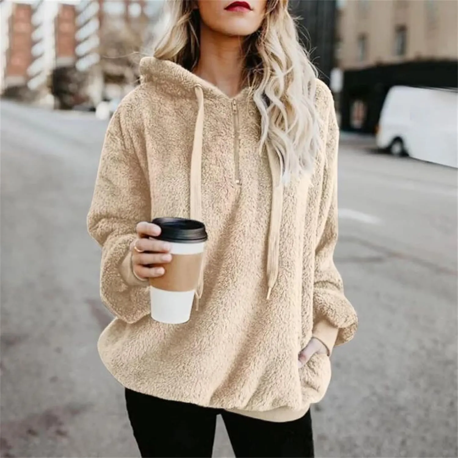 1/4 Zip Up Hoodie Women Fleece Sweatshirts Soft Fuzzy Jackets Sherpa Pullover Oversized Plain