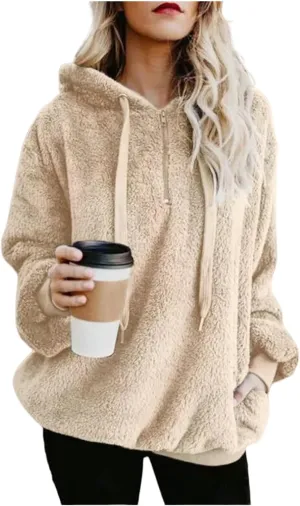 1/4 Zip Up Hoodie Women Fleece Sweatshirts Soft Fuzzy Jackets Sherpa Pullover Oversized Plain