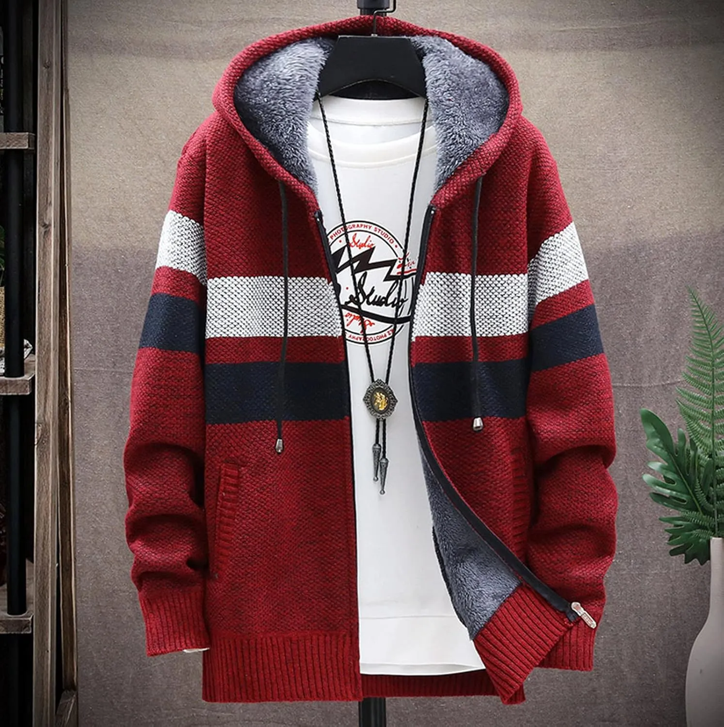 2024 Fashion Knitwear for Men's Sweater Coat Retro Lapel Button Plus Size Cable Knited Cardigan Henley Sweater