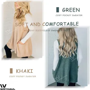 2025 Women's Cozy Pocket Sweater Vest, V-Neck Pocket Sleeveless Sweater Vest V Neck Knit Sweater Vest for Women