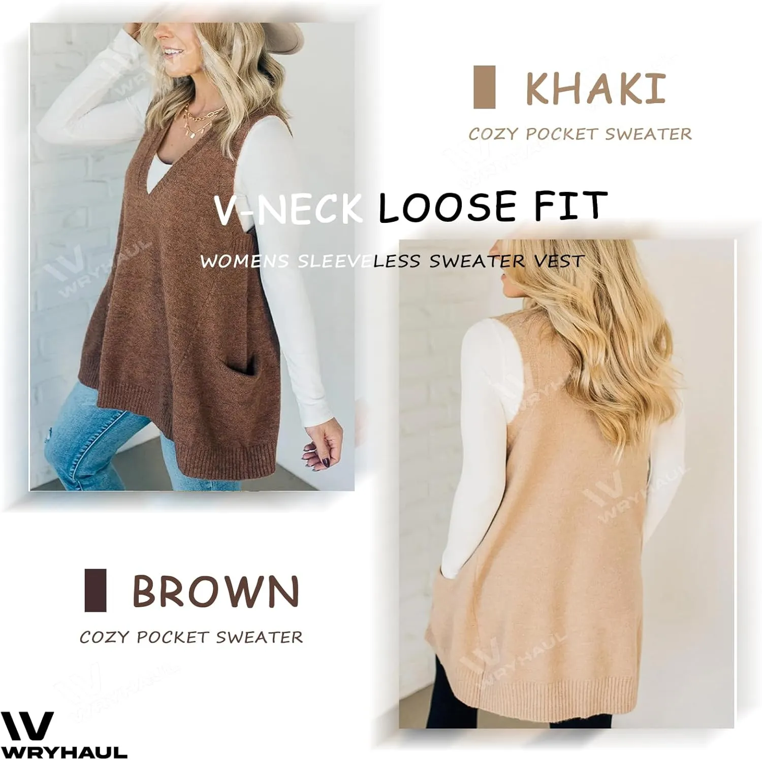 2025 Women's Cozy Pocket Sweater Vest, V-Neck Pocket Sleeveless Sweater Vest V Neck Knit Sweater Vest for Women