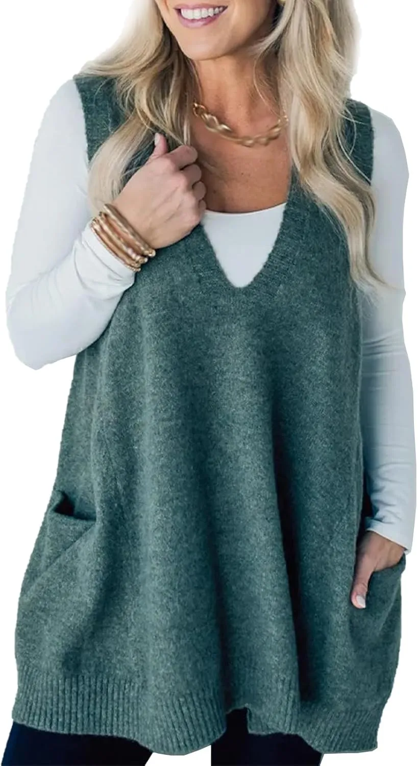 2025 Women's Cozy Pocket Sweater Vest, V-Neck Pocket Sleeveless Sweater Vest V Neck Knit Sweater Vest for Women