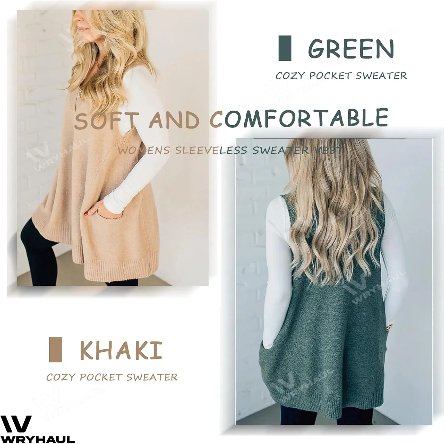 2025 Women's Cozy Pocket Sweater Vest, V-Neck Pocket Sleeveless Sweater Vest V Neck Knit Sweater Vest for Women