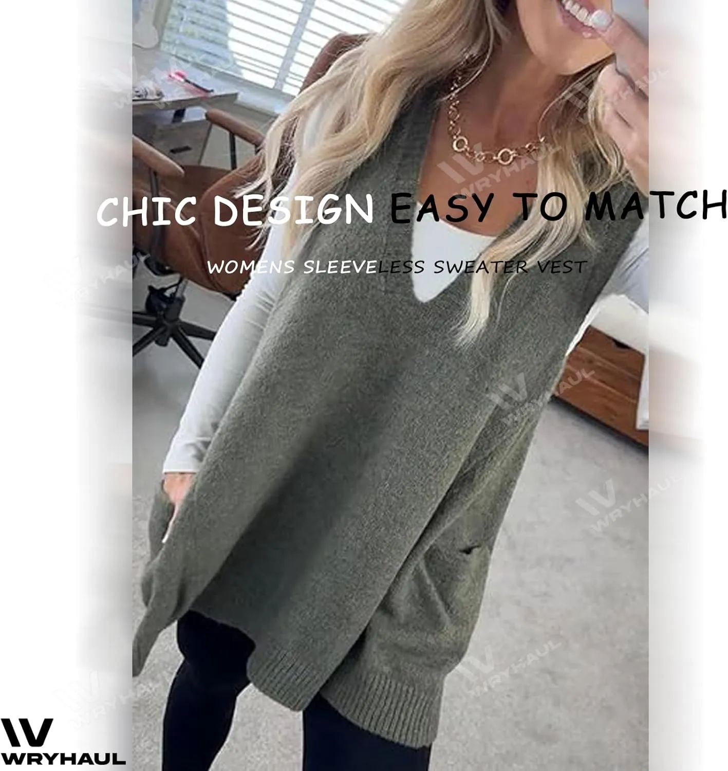 2025 Women's Cozy Pocket Sweater Vest, V-Neck Pocket Sleeveless Sweater Vest V Neck Knit Sweater Vest for Women