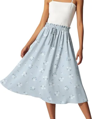 A Line Floral Midi Skirts for Women Casual Trendy Elastic High Waisted Pleated Flowy Drawstring Midi Length Skirts