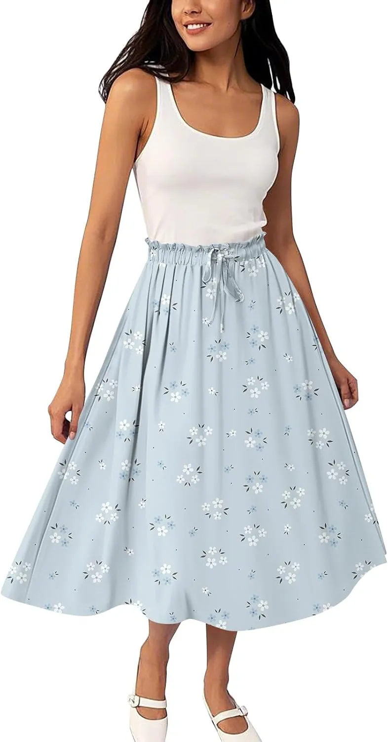 A Line Floral Midi Skirts for Women Casual Trendy Elastic High Waisted Pleated Flowy Drawstring Midi Length Skirts
