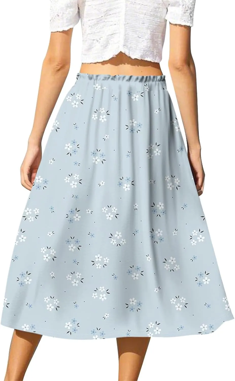 A Line Floral Midi Skirts for Women Casual Trendy Elastic High Waisted Pleated Flowy Drawstring Midi Length Skirts