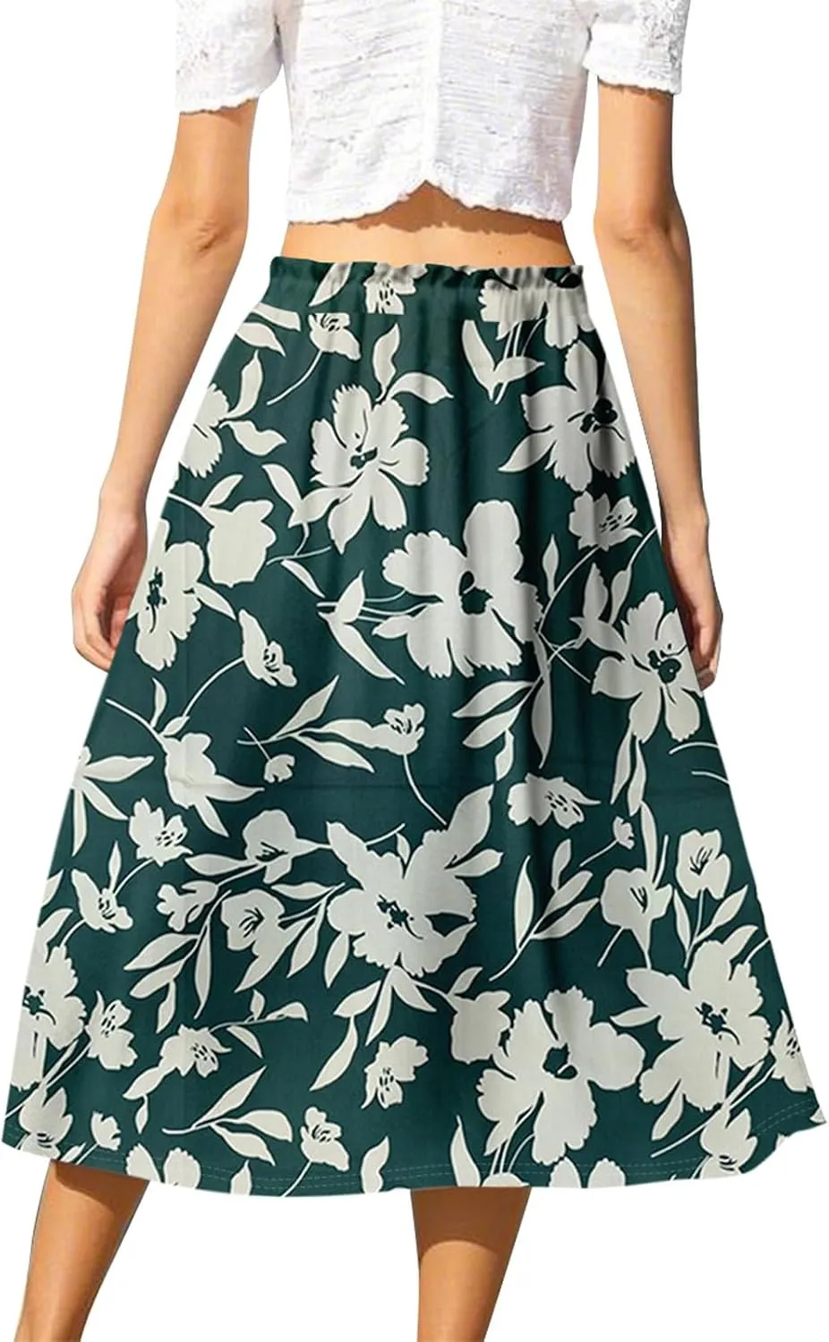 A Line Floral Midi Skirts for Women Casual Trendy Elastic High Waisted Pleated Flowy Drawstring Midi Length Skirts