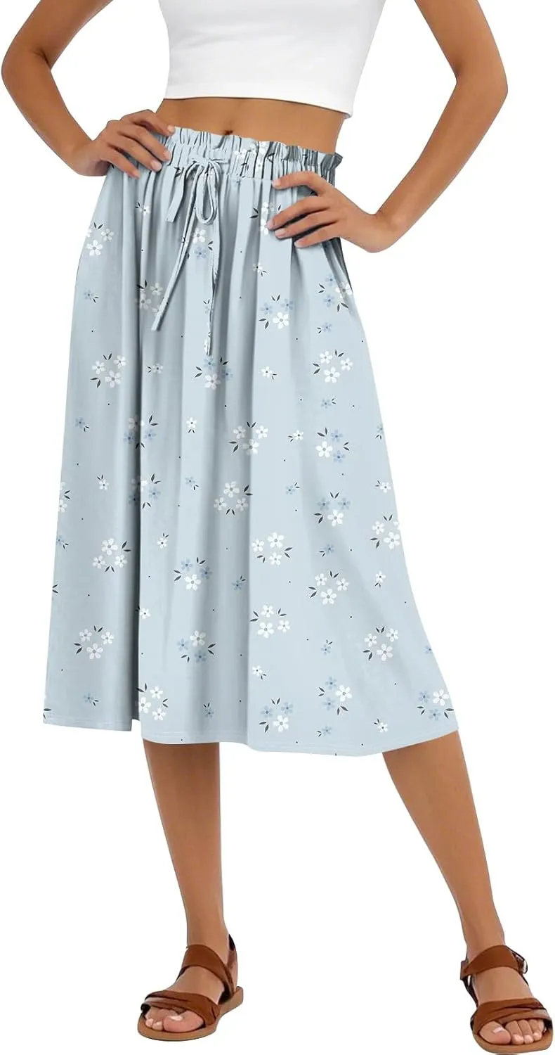 A Line Floral Midi Skirts for Women Casual Trendy Elastic High Waisted Pleated Flowy Drawstring Midi Length Skirts