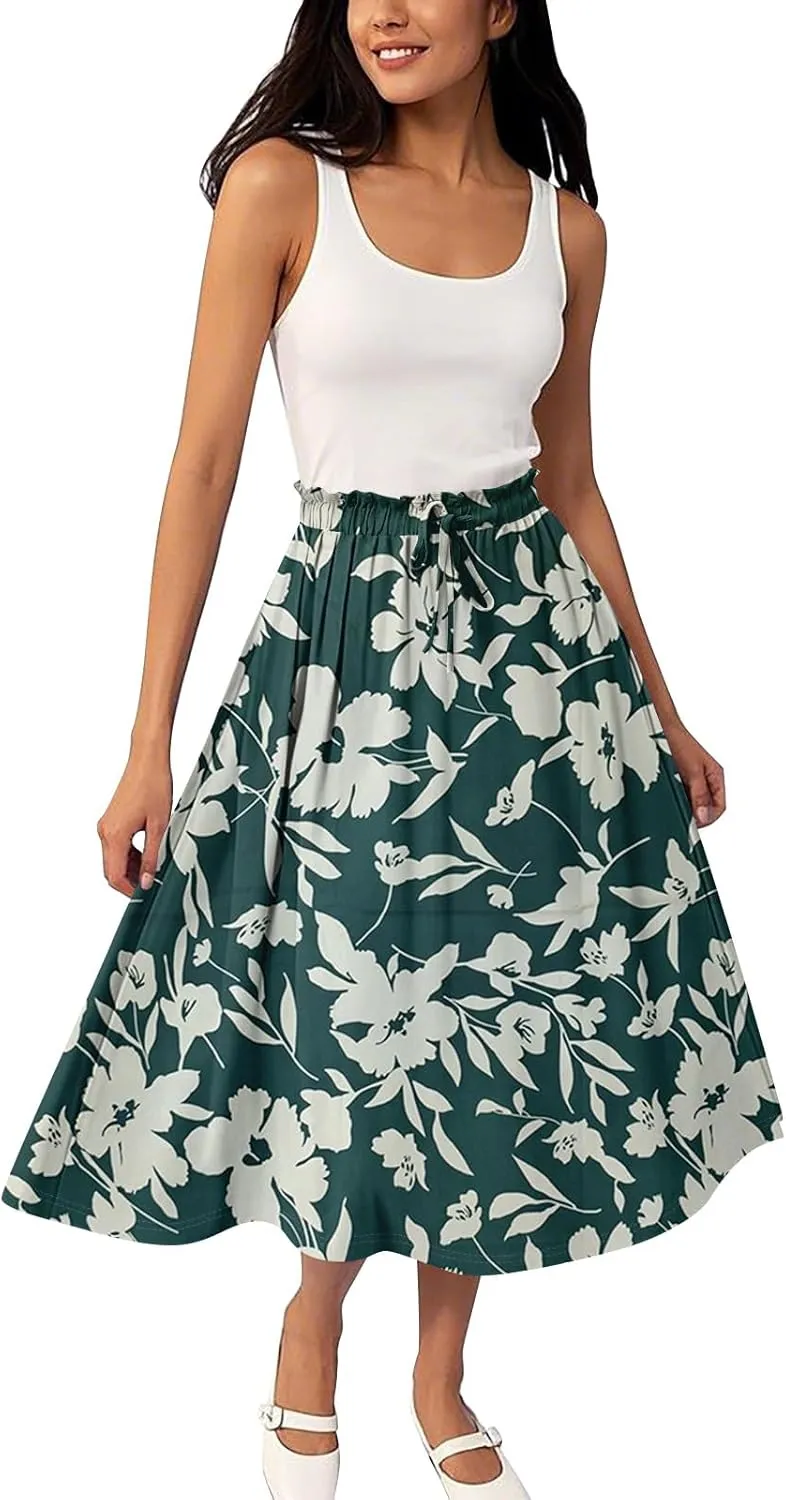 A Line Floral Midi Skirts for Women Casual Trendy Elastic High Waisted Pleated Flowy Drawstring Midi Length Skirts