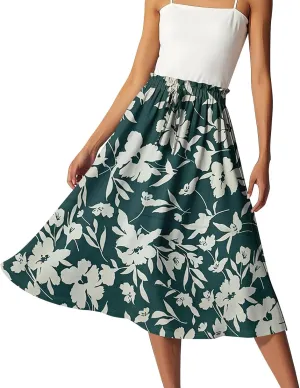 A Line Floral Midi Skirts for Women Casual Trendy Elastic High Waisted Pleated Flowy Drawstring Midi Length Skirts
