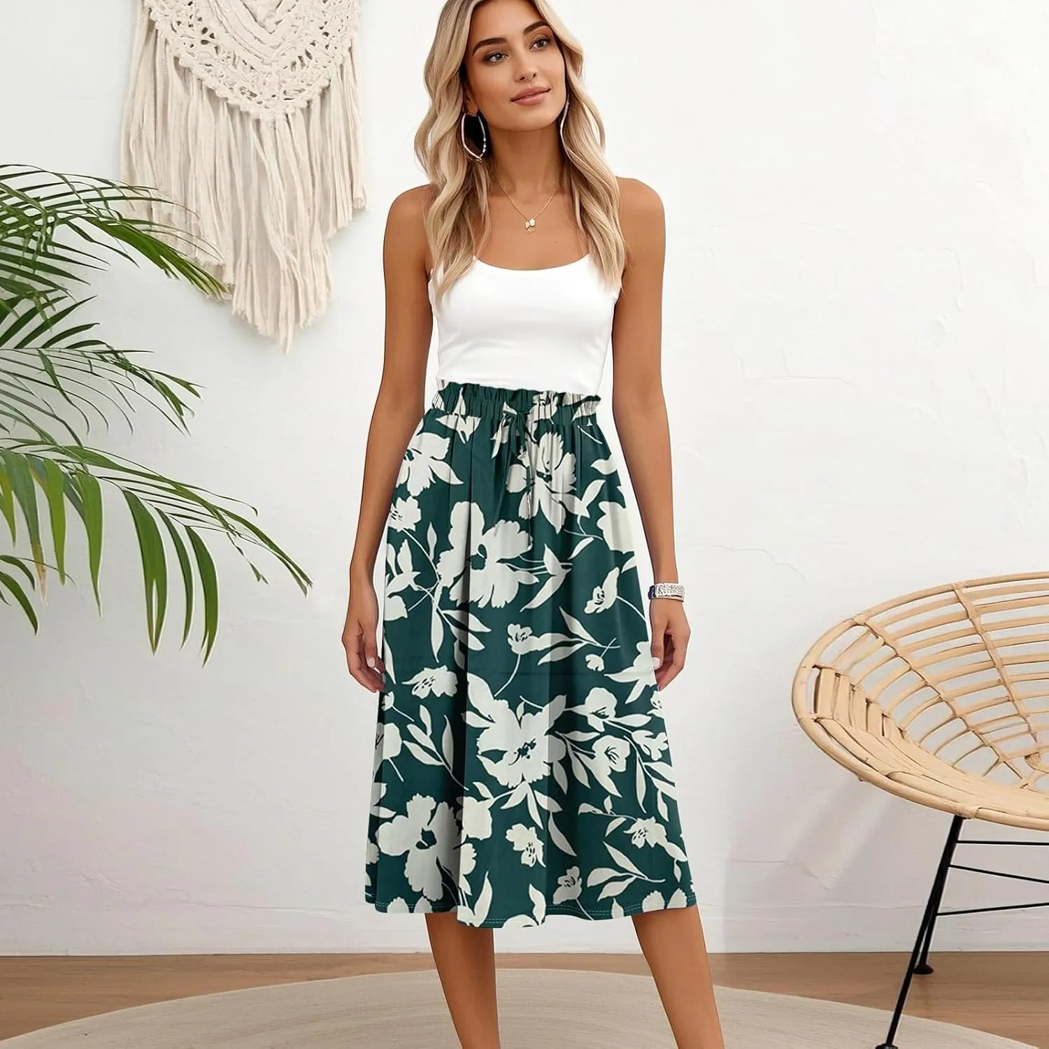 A Line Floral Midi Skirts for Women Casual Trendy Elastic High Waisted Pleated Flowy Drawstring Midi Length Skirts
