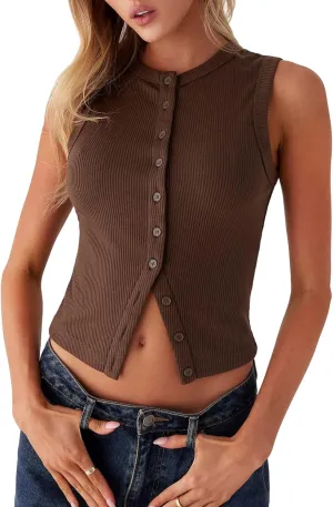 Adoeren Women Button Up Tank Vest Trendy Casual Slim Fit Sleeveless Ribbed Shirt Y2k Going Out Crewneck Tank Tops Summer