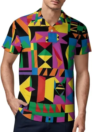 African Geometric Men's Polo Shirt Short Sleeve Print T Shirt Slim Fit Golf Shirt Collared Tee Casual Top