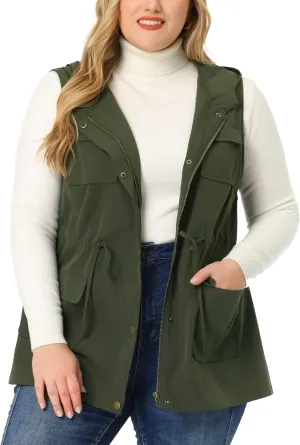 Agnes Orinda Plus Size Anorak Utility Vest for Women Drawstring Lightweight Sleeveless Cargo Hooded Jackets