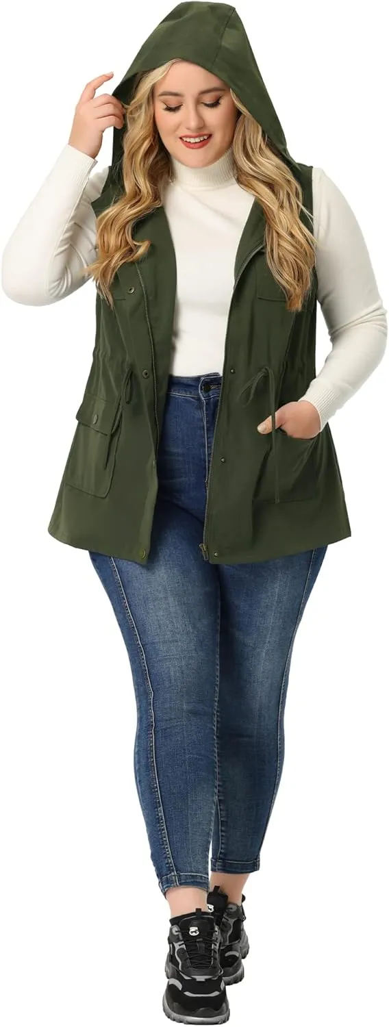 Agnes Orinda Plus Size Anorak Utility Vest for Women Drawstring Lightweight Sleeveless Cargo Hooded Jackets