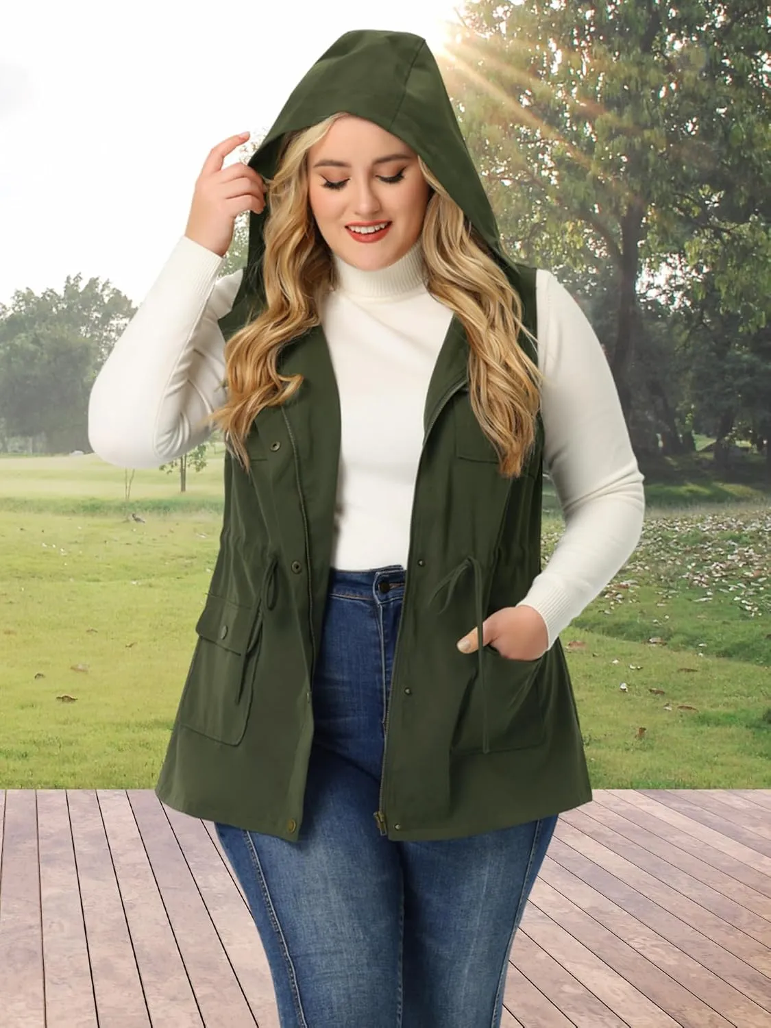 Agnes Orinda Plus Size Anorak Utility Vest for Women Drawstring Lightweight Sleeveless Cargo Hooded Jackets