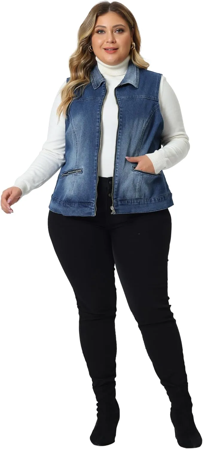 Agnes Orinda Plus Size Denim Vest for Women Sleeveless Classic Washed Zip With Pockets Denim Jackets