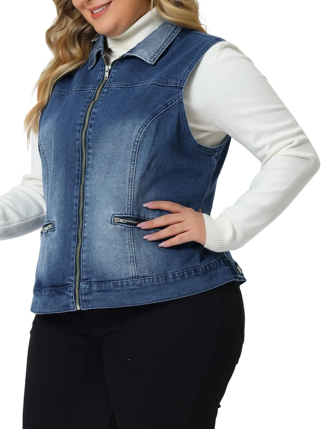 Agnes Orinda Plus Size Denim Vest for Women Sleeveless Classic Washed Zip With Pockets Denim Jackets