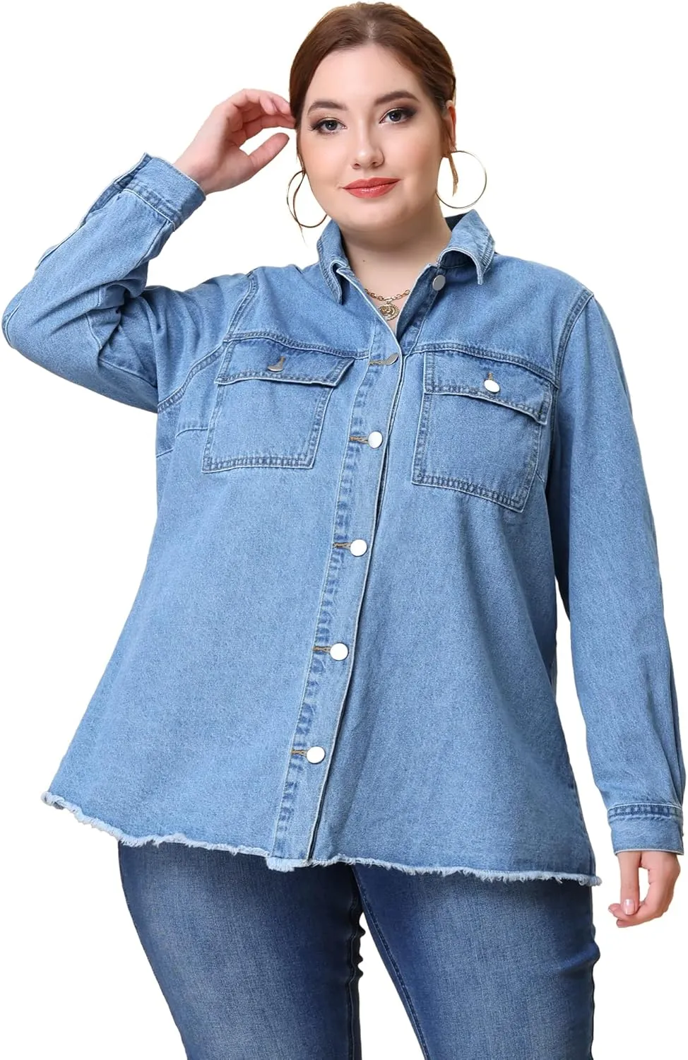 Agnes Orinda Plus Size Women Denim Shirt Long Sleeve Washed Frayed Hem Jean Denim Jackets