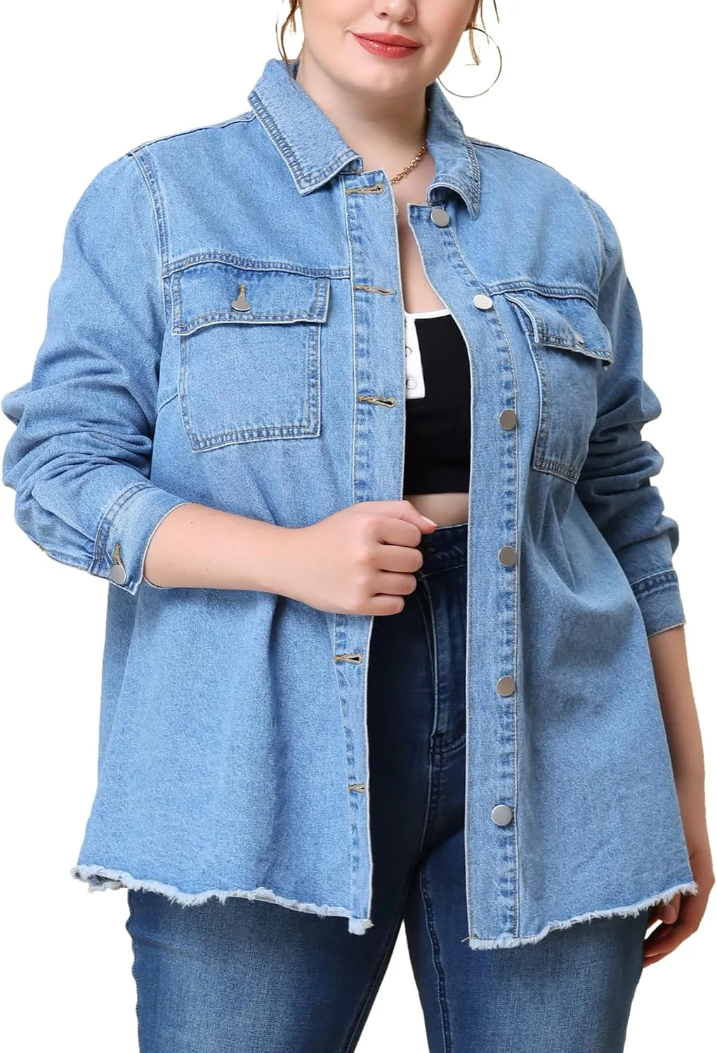 Agnes Orinda Plus Size Women Denim Shirt Long Sleeve Washed Frayed Hem Jean Denim Jackets
