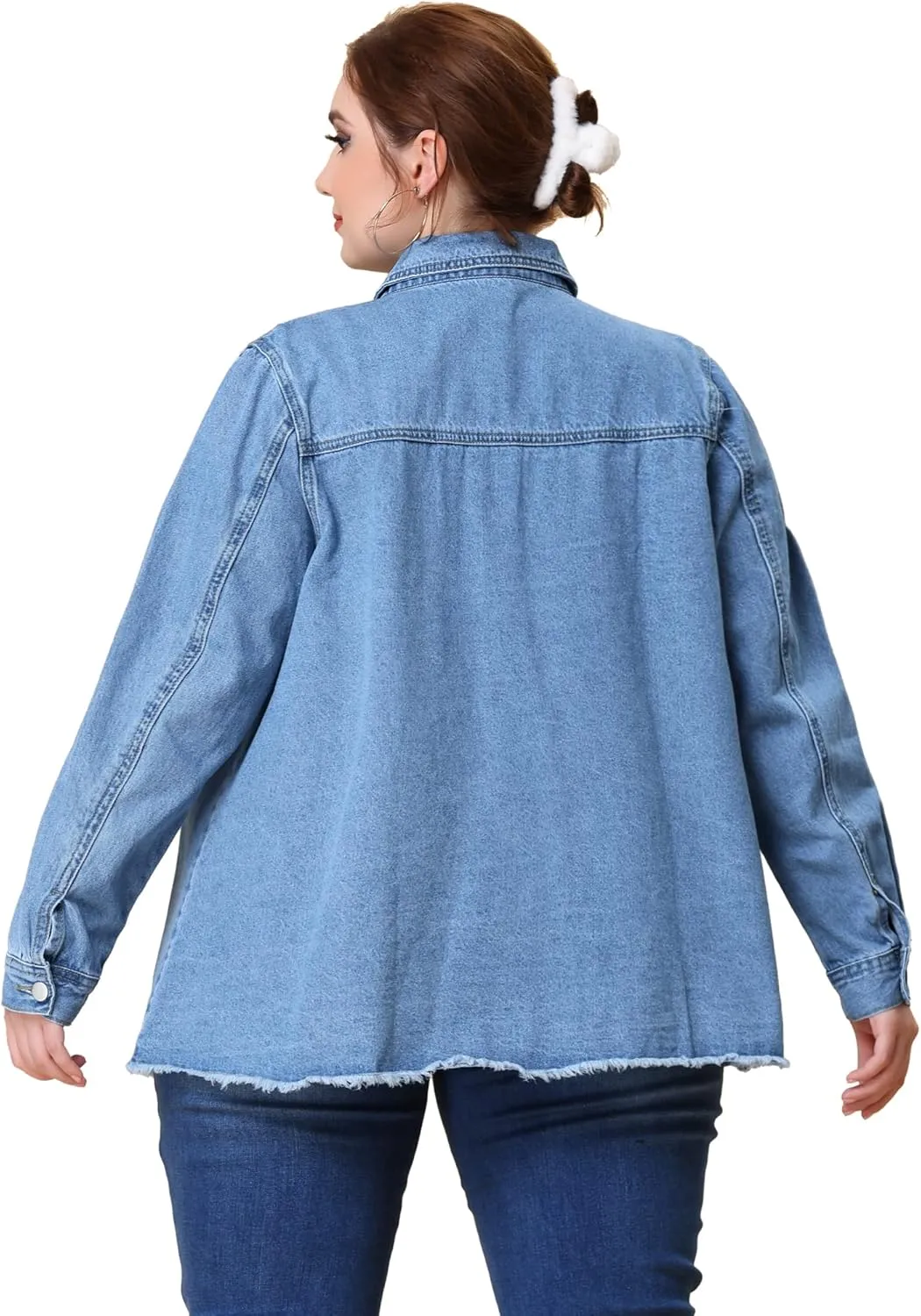 Agnes Orinda Plus Size Women Denim Shirt Long Sleeve Washed Frayed Hem Jean Denim Jackets