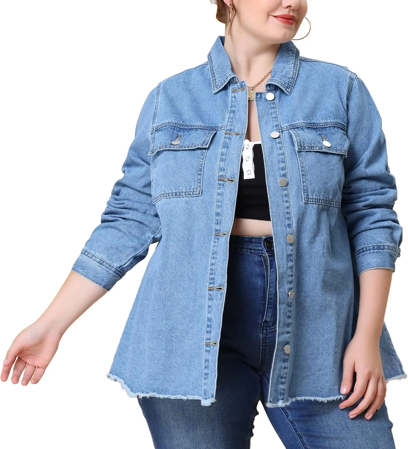 Agnes Orinda Plus Size Women Denim Shirt Long Sleeve Washed Frayed Hem Jean Denim Jackets