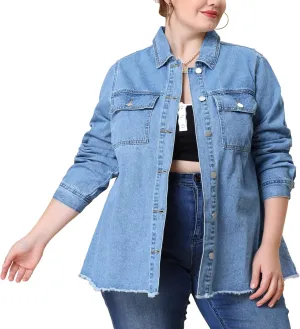 Agnes Orinda Plus Size Women Denim Shirt Long Sleeve Washed Frayed Hem Jean Denim Jackets