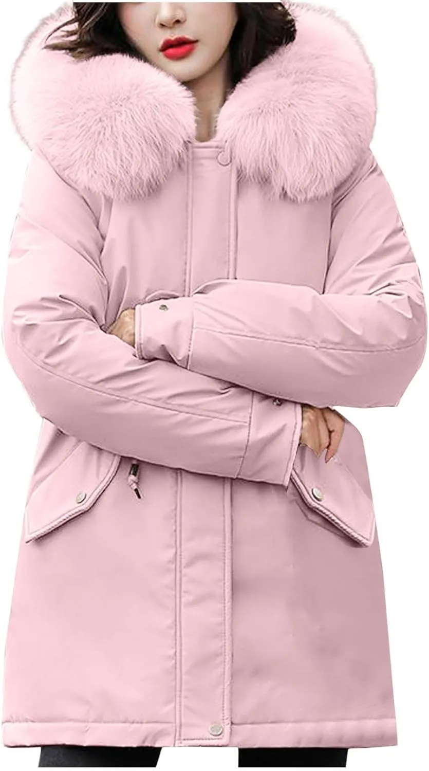 Akklian Long Winter Down Coat Womens Thicken Warm Fleece Lined Parkas Puffer Jacket Waterproof Outerwear with Faux Fur Hood