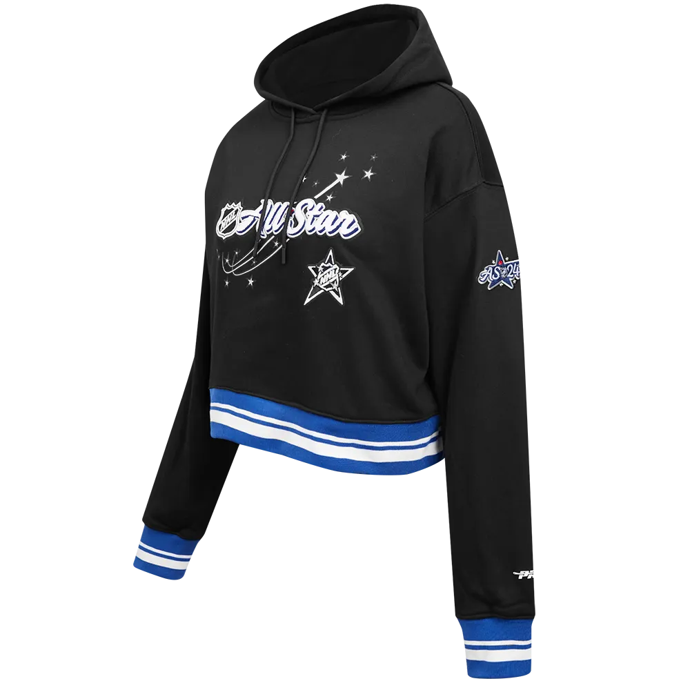 ALL TEAMS NHL ALL STAR 2024 WOMEN'S RIB FLEECE CROPPED PULLOVER HOODIE (BLACK/DODGER BLUE)
