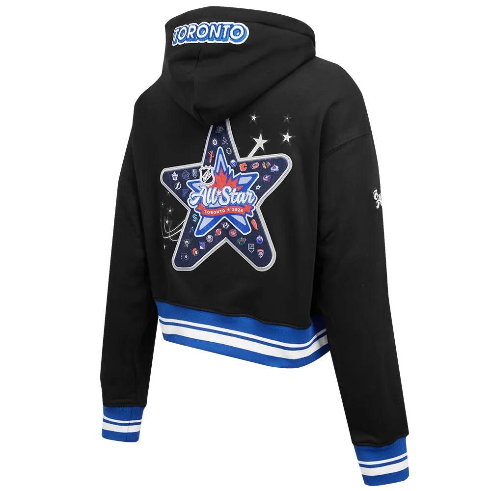ALL TEAMS NHL ALL STAR 2024 WOMEN'S RIB FLEECE CROPPED PULLOVER HOODIE (BLACK/DODGER BLUE)