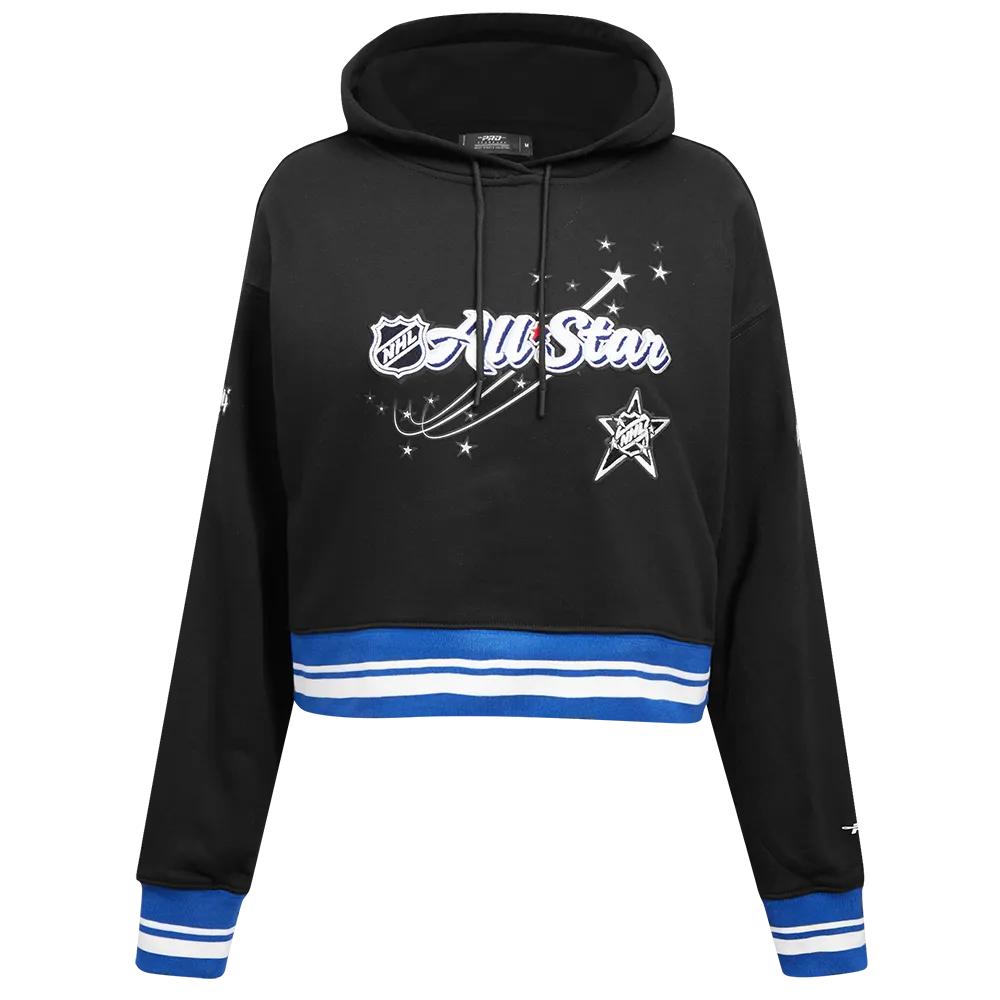 ALL TEAMS NHL ALL STAR 2024 WOMEN'S RIB FLEECE CROPPED PULLOVER HOODIE (BLACK/DODGER BLUE)