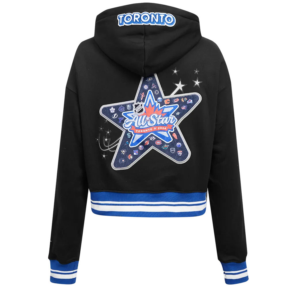 ALL TEAMS NHL ALL STAR 2024 WOMEN'S RIB FLEECE CROPPED PULLOVER HOODIE (BLACK/DODGER BLUE)