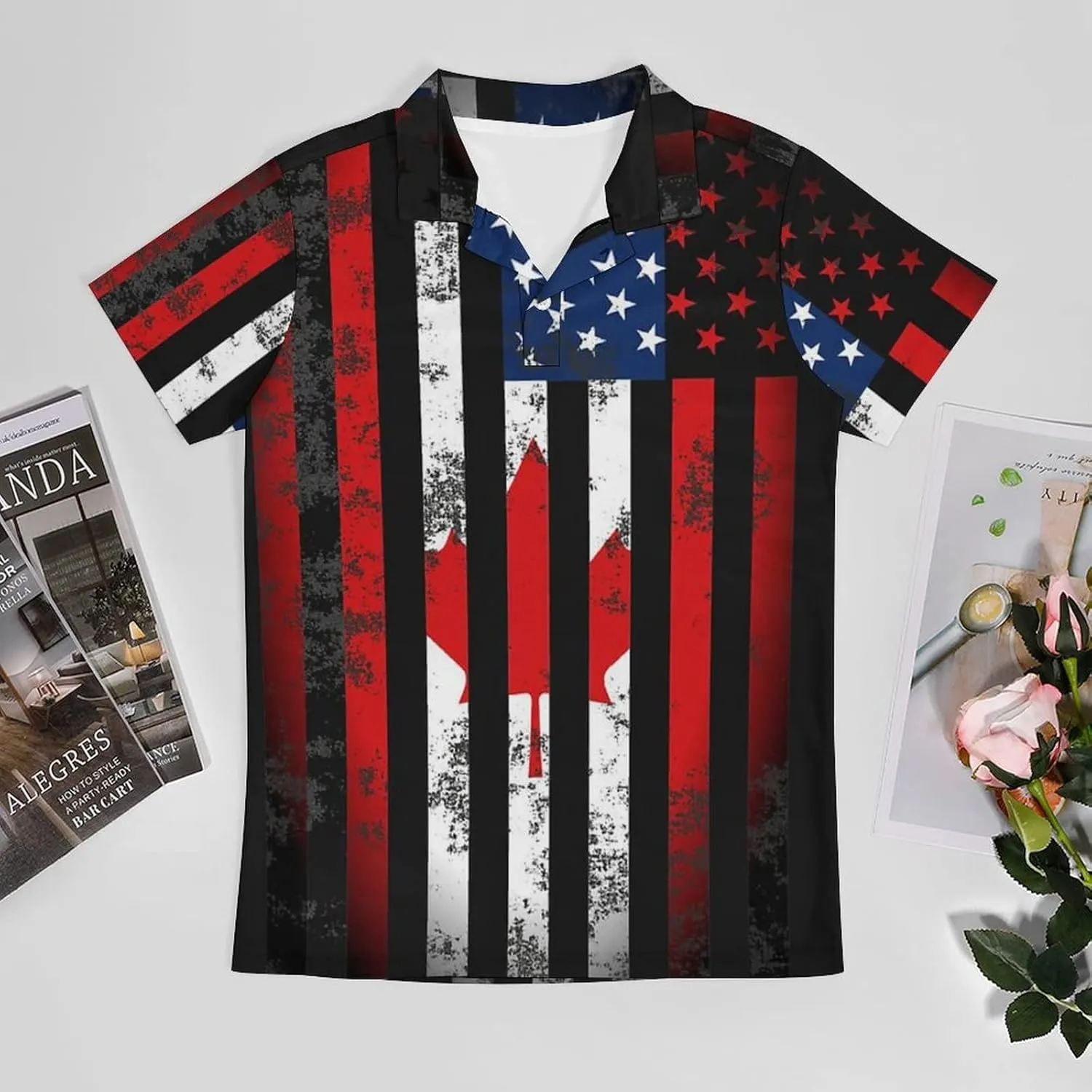 American Canadian Flag Men's Polo Shirt Short Sleeve Print T Shirt Slim Fit Golf Shirt Collared Tee Casual Top
