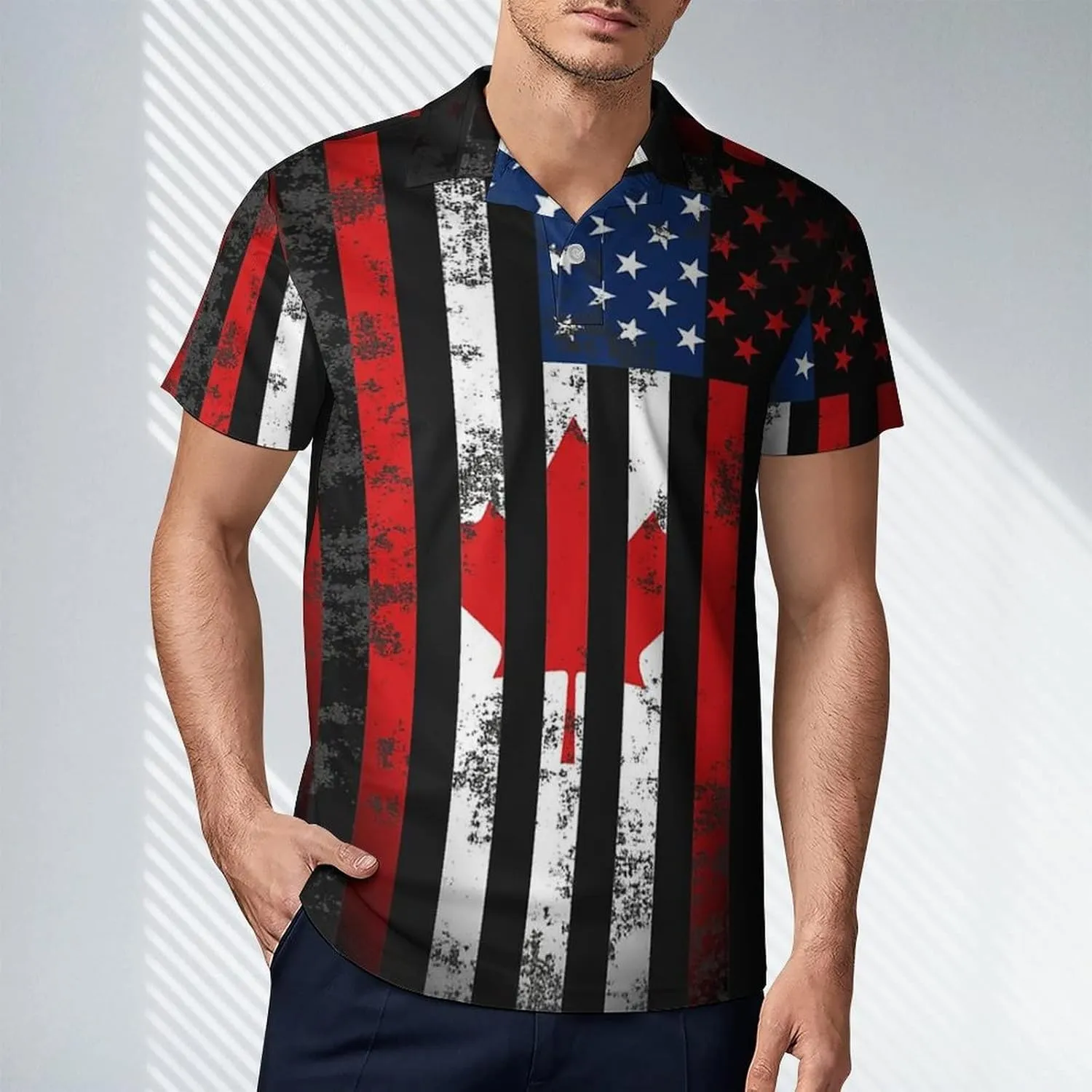 American Canadian Flag Men's Polo Shirt Short Sleeve Print T Shirt Slim Fit Golf Shirt Collared Tee Casual Top