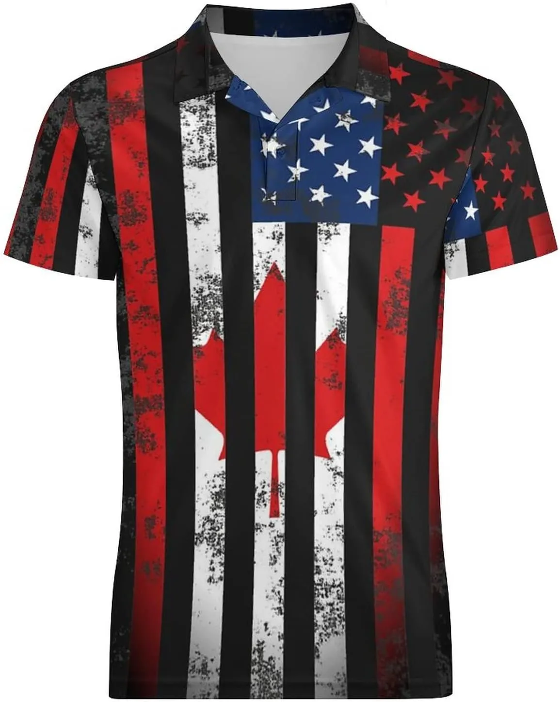 American Canadian Flag Men's Polo Shirt Short Sleeve Print T Shirt Slim Fit Golf Shirt Collared Tee Casual Top