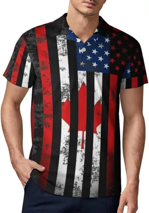 American Canadian Flag Men's Polo Shirt Short Sleeve Print T Shirt Slim Fit Golf Shirt Collared Tee Casual Top