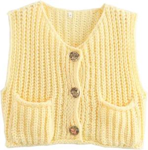 Arssm Women Button Down Sweater Vest Sleeveless Crop Knit Cardigan Cropped Knitted Sweater Vest with Pockets