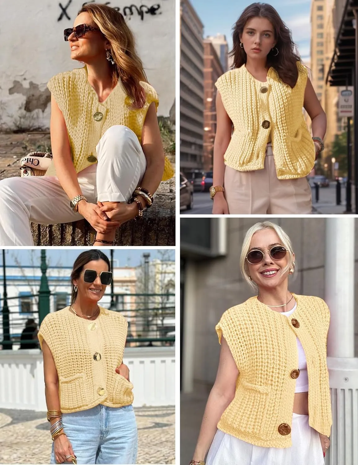 Arssm Women Button Down Sweater Vest Sleeveless Crop Knit Cardigan Cropped Knitted Sweater Vest with Pockets
