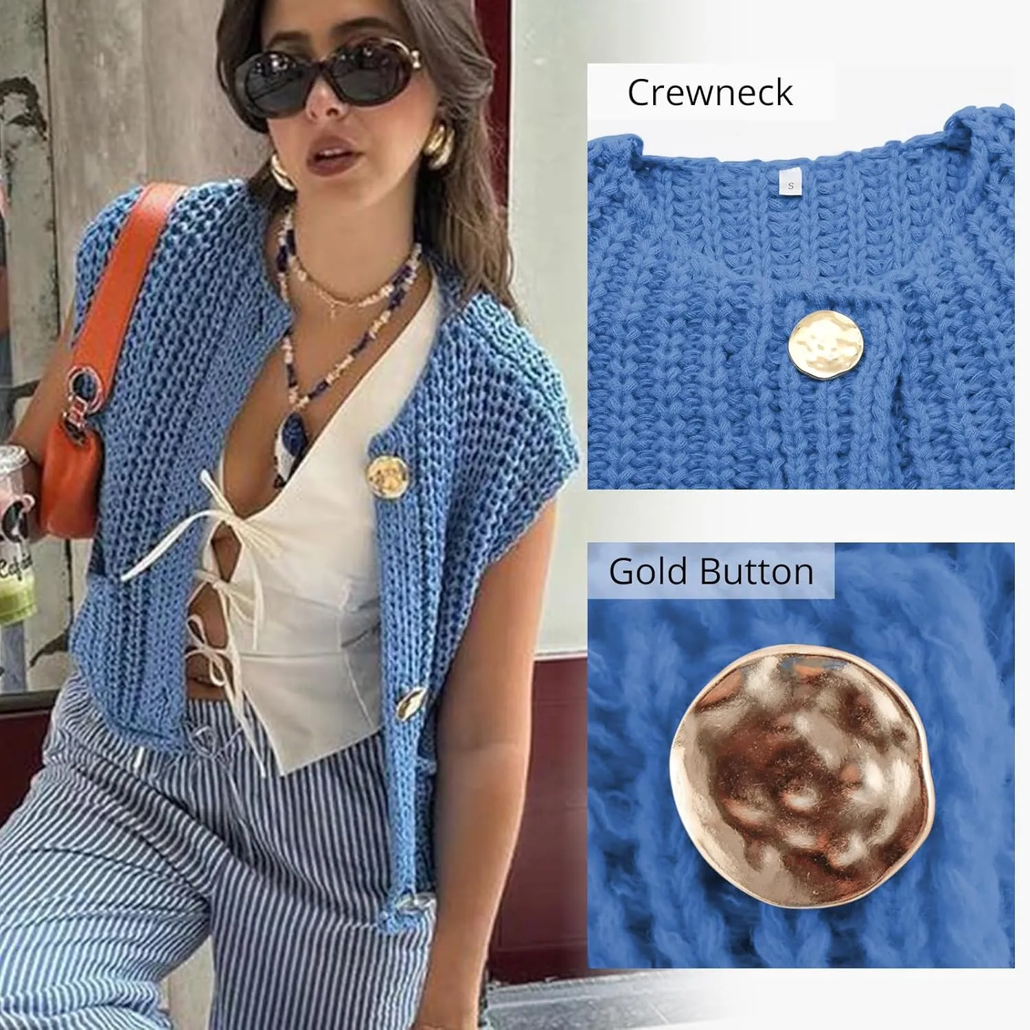 Baonmy Women's Sleeveless Cropped Chunky Knit Cardigan 2025 Casual Button Down Crochet Sweater Vest Tops with Pockets