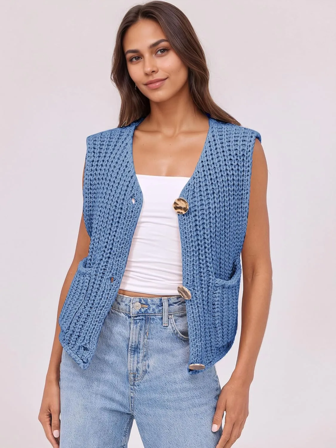 Baonmy Women's Sleeveless Cropped Chunky Knit Cardigan 2025 Casual Button Down Crochet Sweater Vest Tops with Pockets