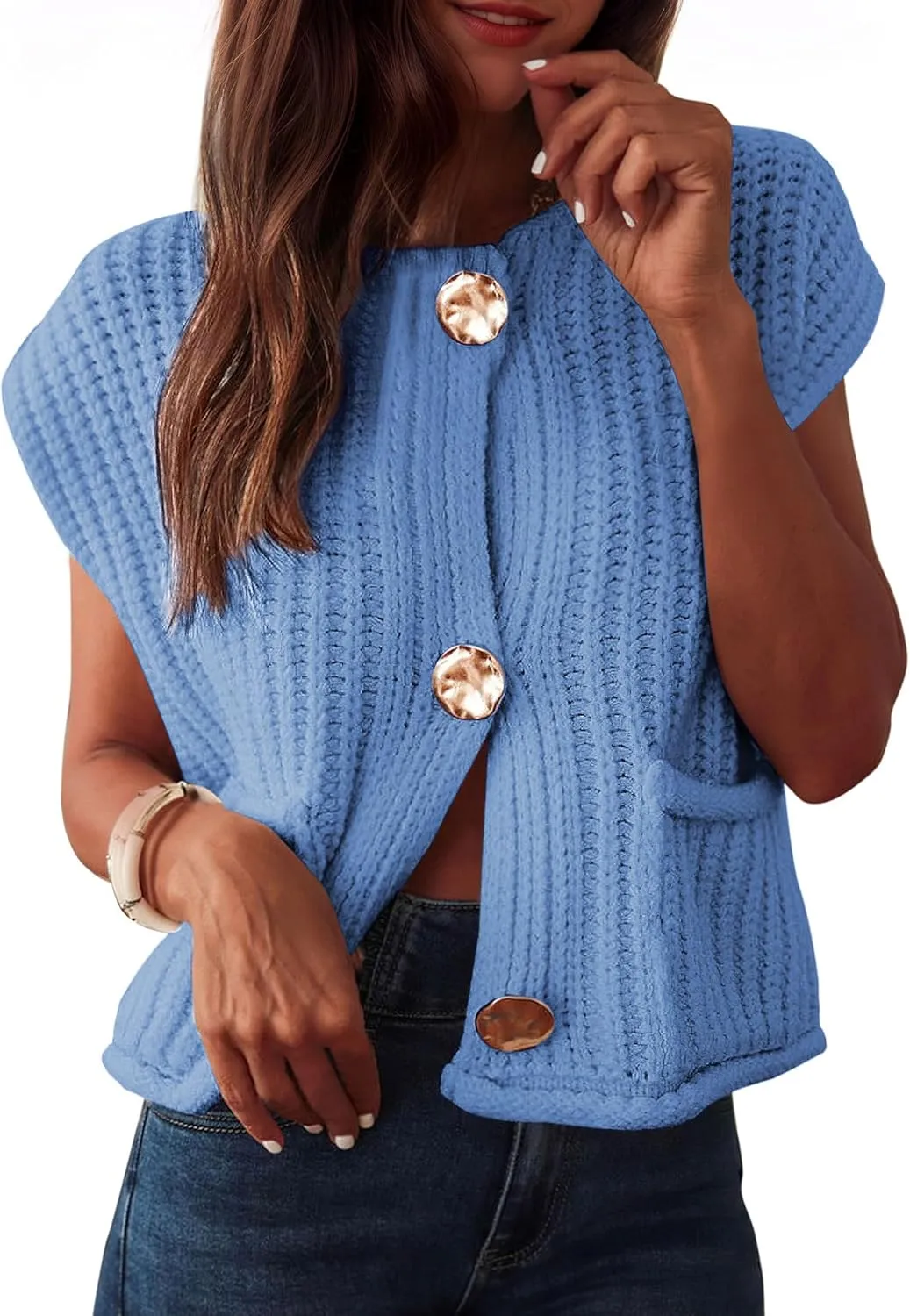Baonmy Women's Sleeveless Cropped Chunky Knit Cardigan 2025 Casual Button Down Crochet Sweater Vest Tops with Pockets