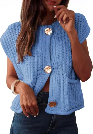 Baonmy Women's Sleeveless Cropped Chunky Knit Cardigan 2025 Casual Button Down Crochet Sweater Vest Tops with Pockets