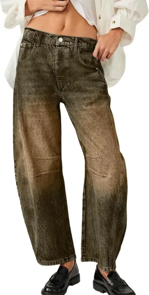 Barrel Jeans for Women Wide Leg Mid Rise Y2k Jeans Baggy Boyfriend Denim Pants Plus Size Trendy Jeans with Pockets