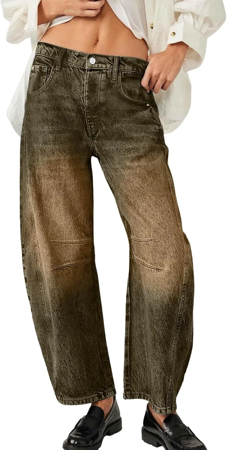 Barrel Jeans for Women Wide Leg Mid Rise Y2k Jeans Baggy Boyfriend Denim Pants Plus Size Trendy Jeans with Pockets