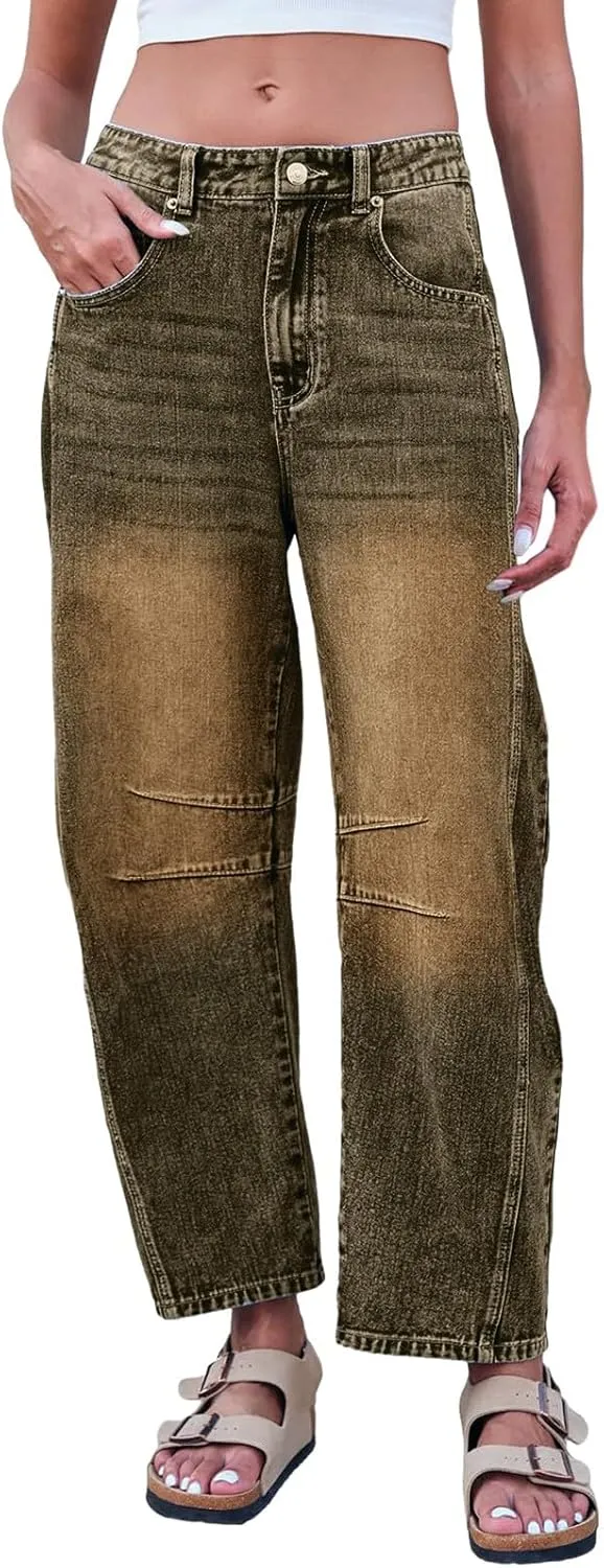 Barrel Jeans for Women Wide Leg Mid Rise Y2k Jeans Baggy Boyfriend Denim Pants Plus Size Trendy Jeans with Pockets