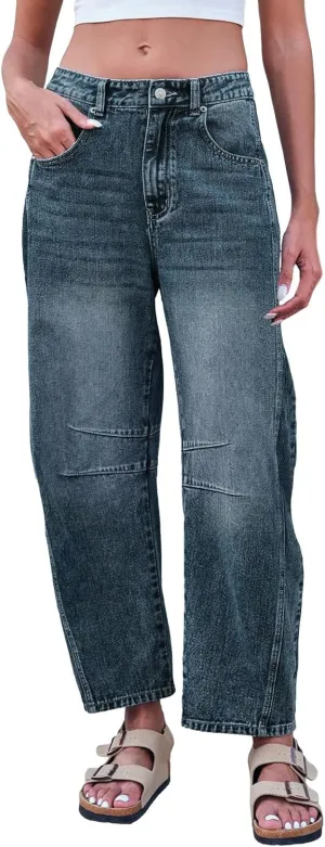 Barrel Jeans for Women Wide Leg Mid Rise Y2k Jeans Baggy Boyfriend Denim Pants Plus Size Trendy Jeans with Pockets