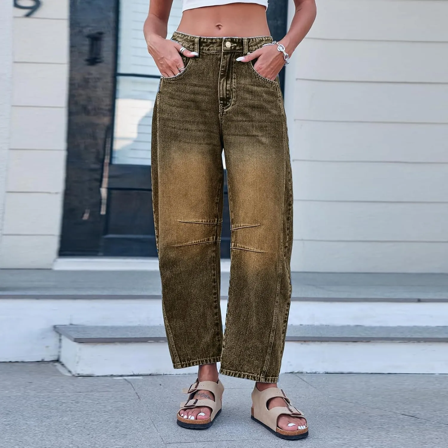Barrel Jeans for Women Wide Leg Mid Rise Y2k Jeans Baggy Boyfriend Denim Pants Plus Size Trendy Jeans with Pockets