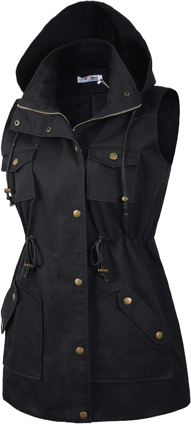 BBX Lephsnt Womens Utility Vest Drawstring Waist Military Sleeveless Jacket